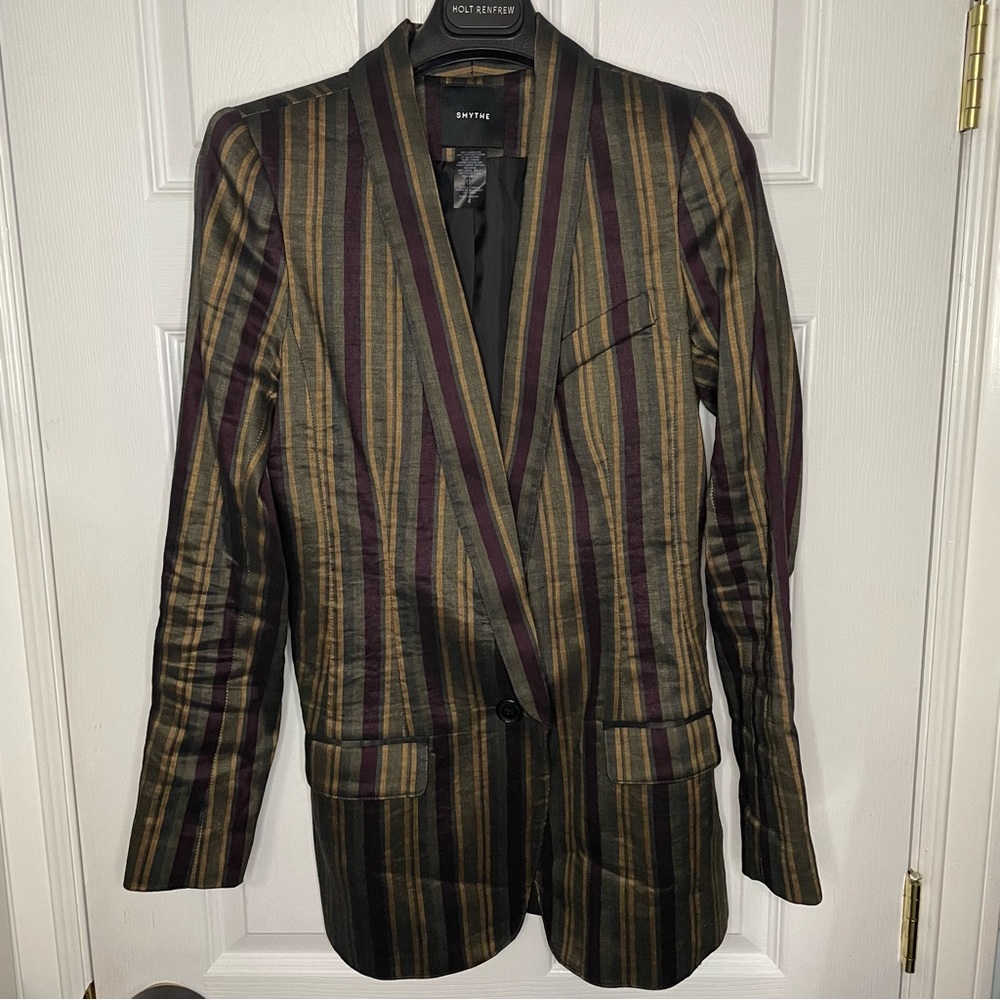 Smythe Green, Purple & Gold Striped Linen Long Blazer 4